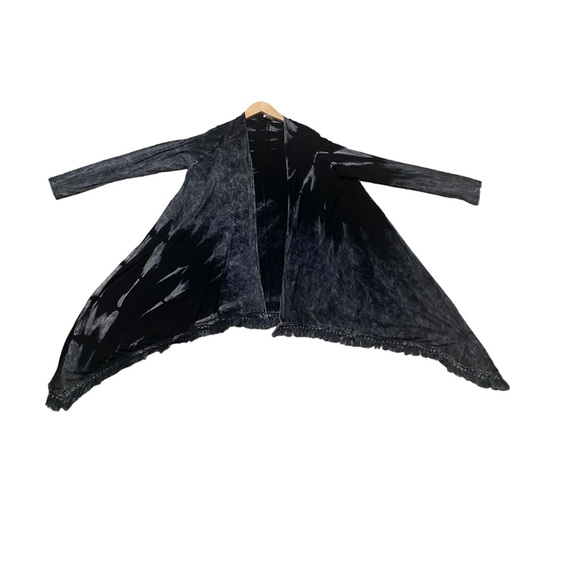 American Age Open Front Boho Fringe Acid Wash Black Tie Dye Cardigan Sz Small - Picture 12 of 16